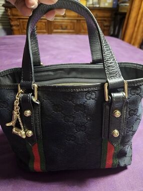 Gucci Black Designer Tote with Red & Green Accent